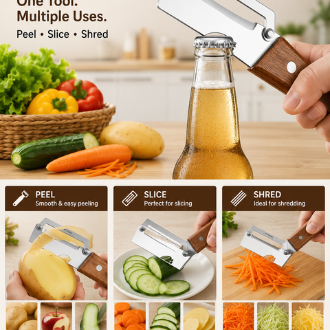3-in-1 Multifunctional Vegetable Peeler with Wooden Handle