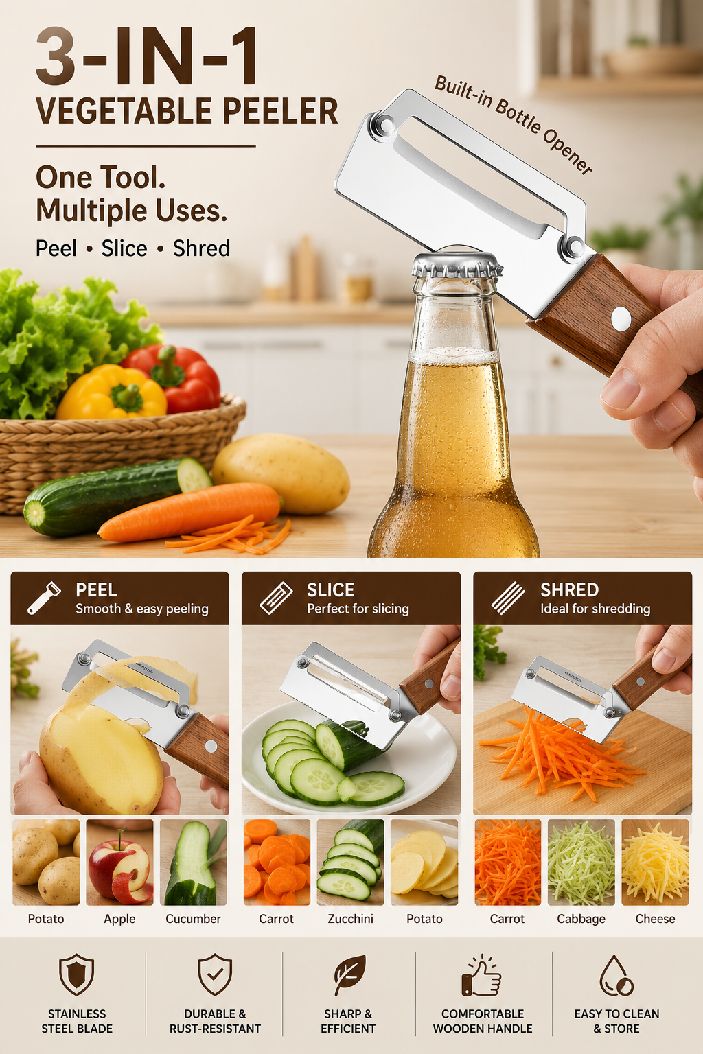3-in-1 Multifunctional Vegetable Peeler with Wooden Handle