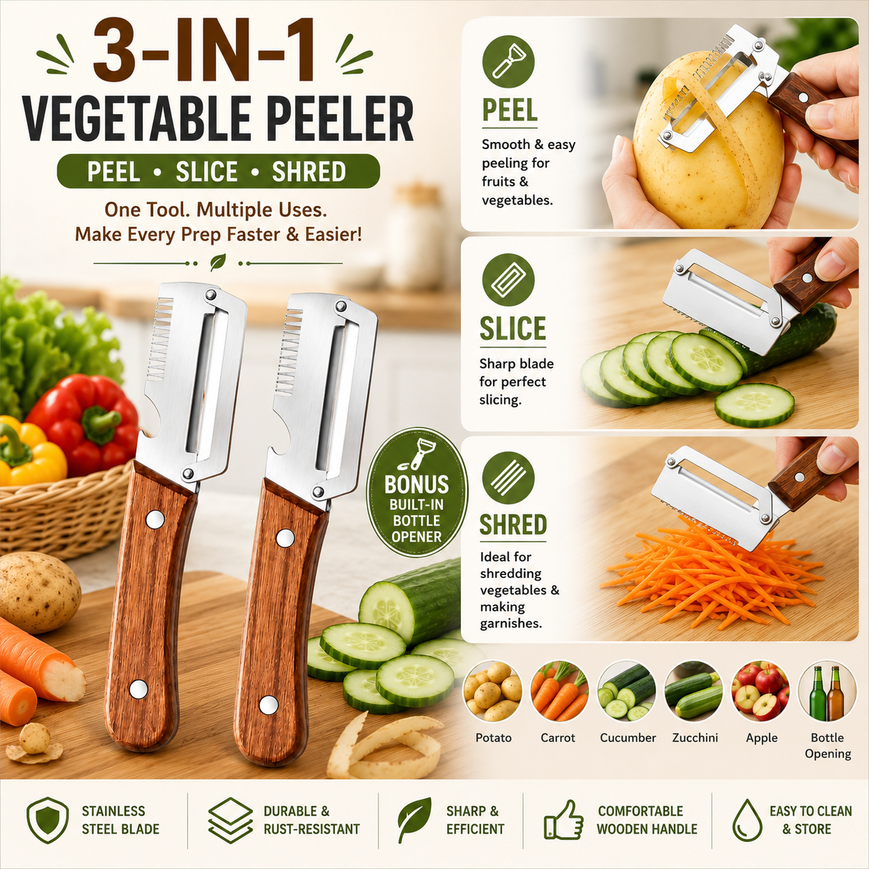 3-in-1 Multifunctional Vegetable Peeler with Wooden Handle