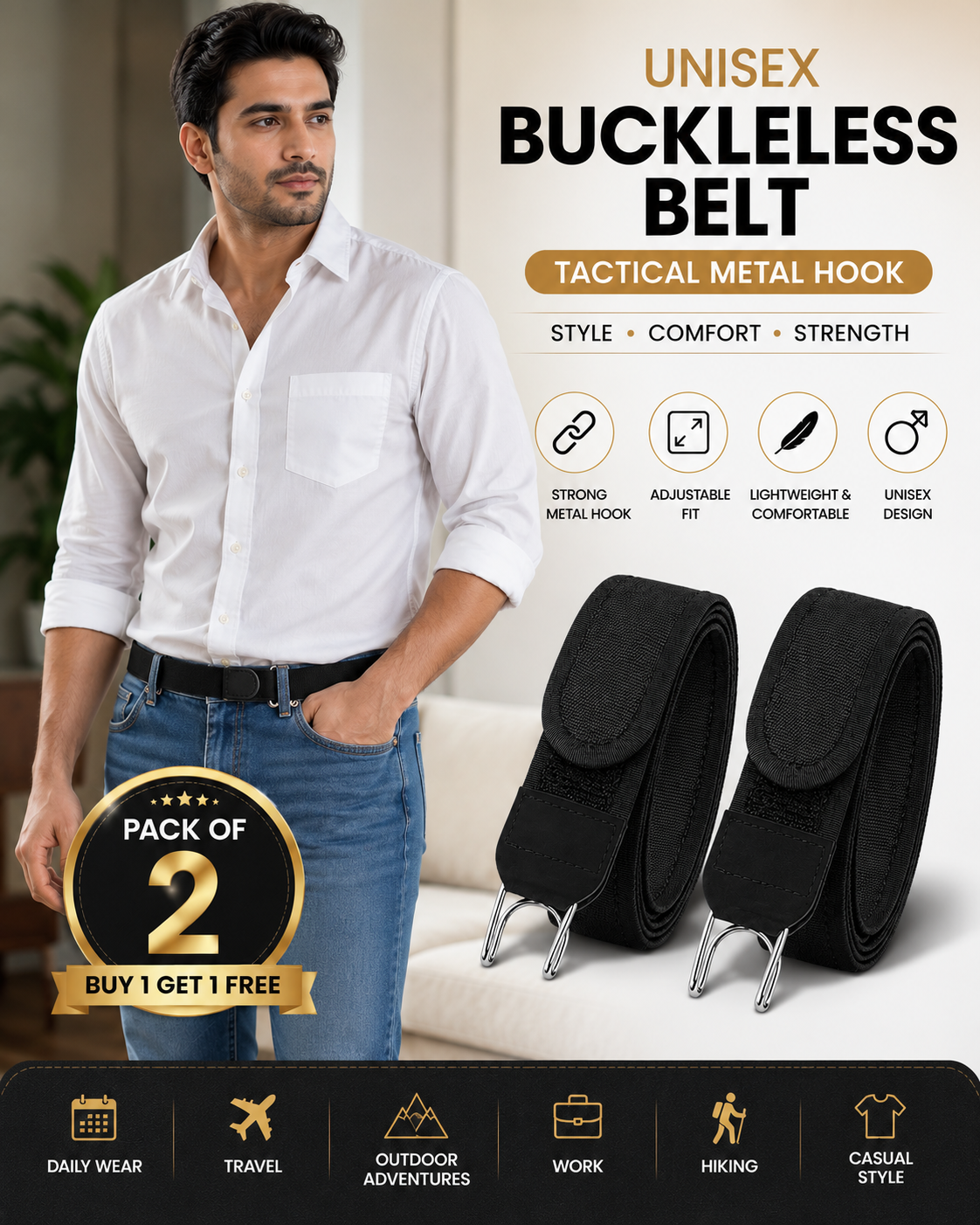 Buckleless Elastic Belt with Tactical Metal Hook for Men