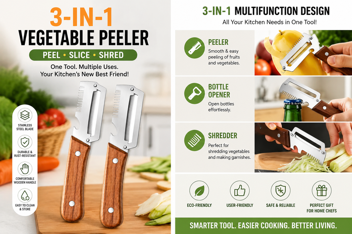 3-in-1 Multifunctional Vegetable Peeler with Wooden Handle